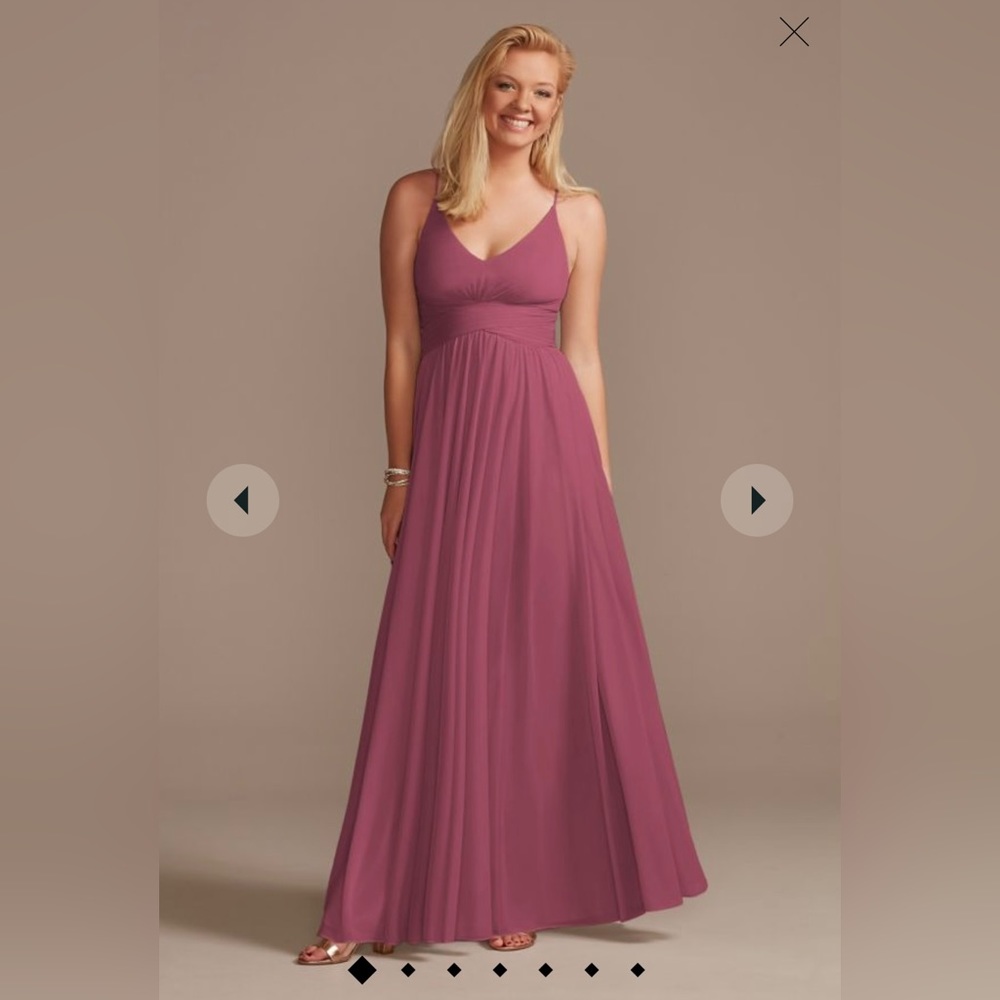 David’s Bridal-mesh cross waist spaghetti strap bridesmaid dress— color: Chianti